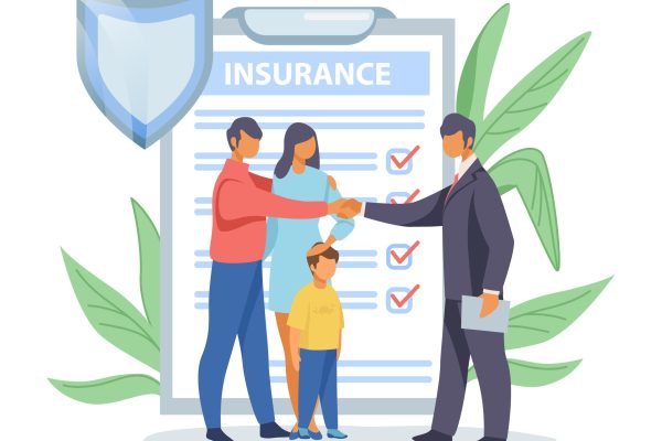Father shaking hands with insurance agent. Family life insurance flat vector illustration. Insurance concept for banner, website design or landing web page